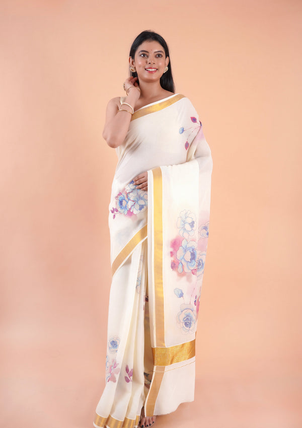 Nilambari | Floral Motif Kerala Cotton Kasavu Saree with Gold Border