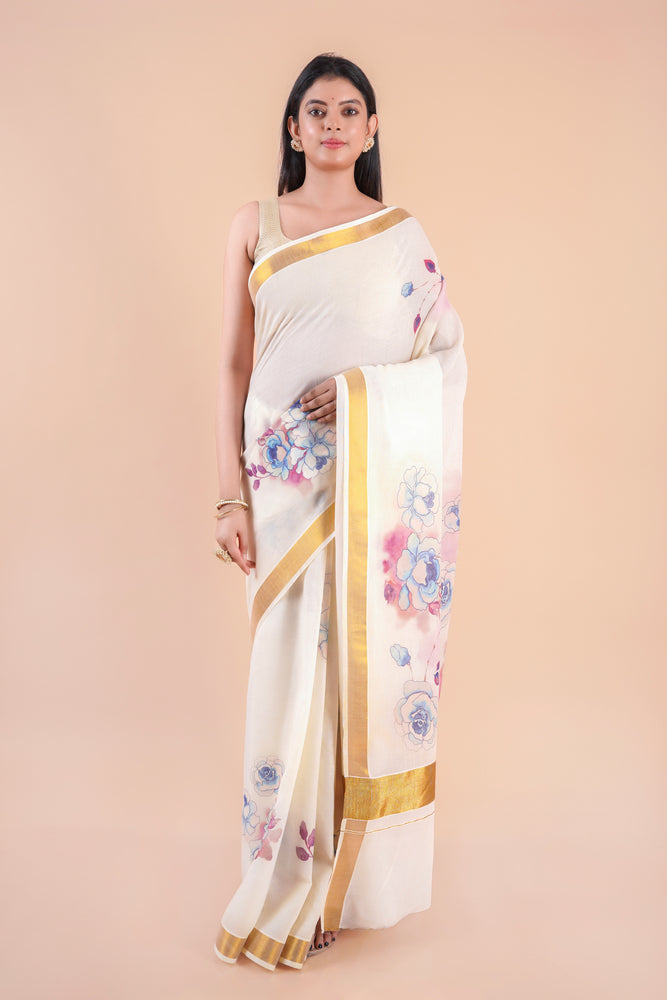 Nilambari | Floral Motif Kerala Cotton Kasavu Saree with Gold Border