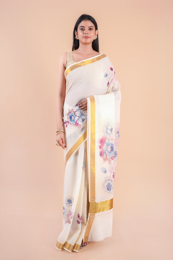 Nilambari | Floral Motif Kerala Cotton Kasavu Saree with Gold Border