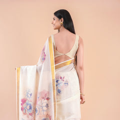 Nilambari | Floral Motif Kerala Cotton Kasavu Saree with Gold Border