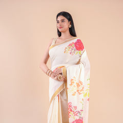 Thiruva | Floral Design Kerala Cotton Kasavu Saree with Golden Zari Border