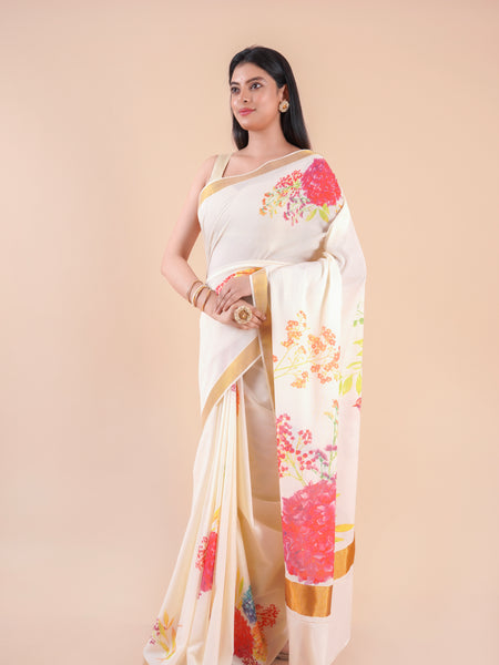 Thiruva | Floral Design Kerala Cotton Kasavu Saree with Golden Zari Border