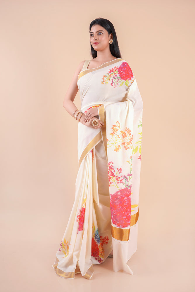 Thiruva | Floral Design Kerala Cotton Kasavu Saree with Golden Zari Border