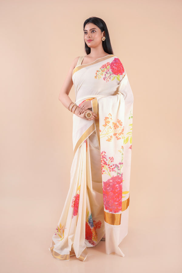 Thiruva | Floral Design Kerala Cotton Kasavu Saree with Golden Zari Border