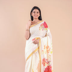 Thiruva | Floral Design Kerala Cotton Kasavu Saree with Golden Zari Border