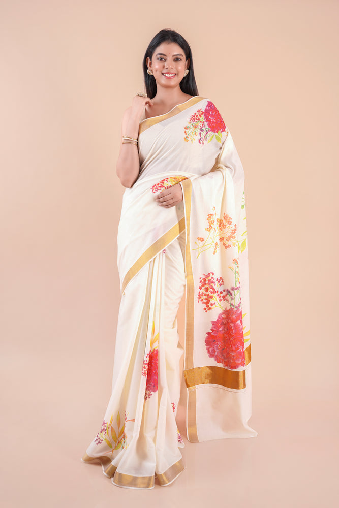 Thiruva | Floral Design Kerala Cotton Kasavu Saree with Golden Zari Border