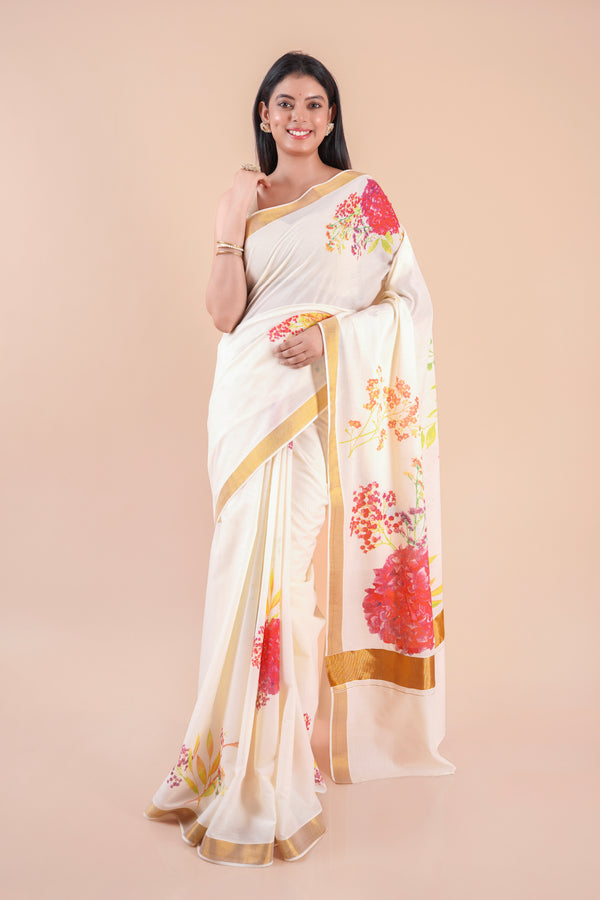 Thiruva | Floral Design Kerala Cotton Kasavu Saree with Golden Zari Border