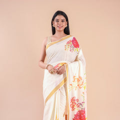 Thiruva | Floral Design Kerala Cotton Kasavu Saree with Golden Zari Border