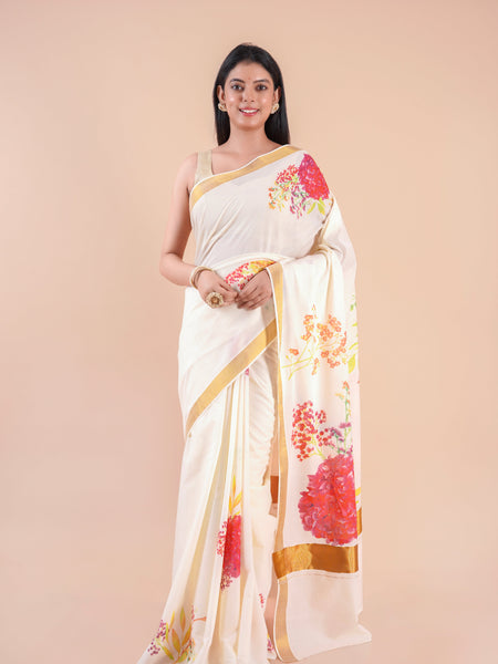 Thiruva | Floral Design Kerala Cotton Kasavu Saree with Golden Zari Border