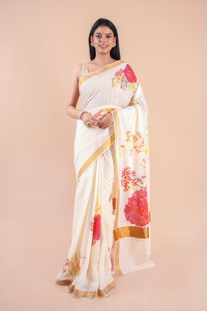 Thiruva | Floral Design Kerala Cotton Kasavu Saree with Golden Zari Border