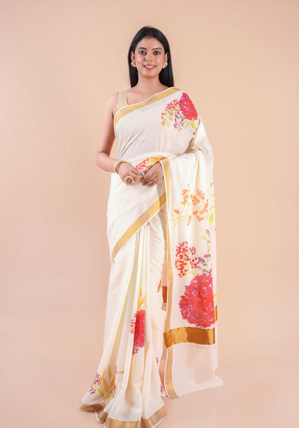 Thiruva | Floral Design Kerala Cotton Kasavu Saree with Golden Zari Border