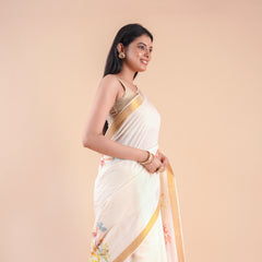 Thiruva | Floral Design Kerala Cotton Kasavu Saree with Golden Zari Border
