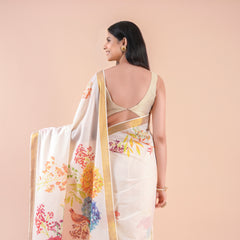 Thiruva | Floral Design Kerala Cotton Kasavu Saree with Golden Zari Border