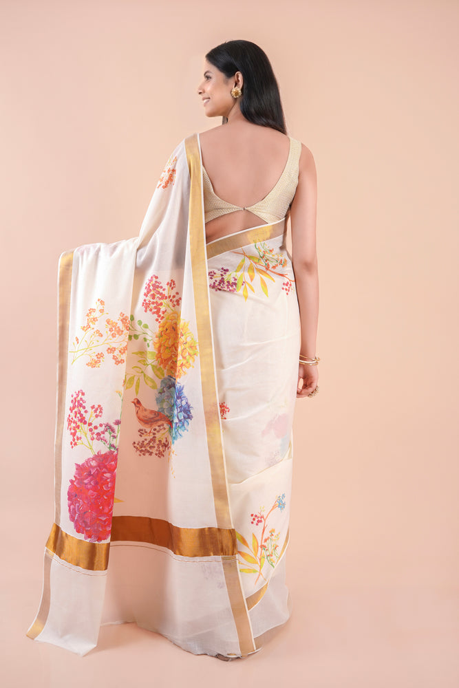 Thiruva | Floral Design Kerala Cotton Kasavu Saree with Golden Zari Border
