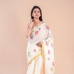 Onika | Traditional Kasavu Saree in Kerala Cotton with Floral Design & Gold Border