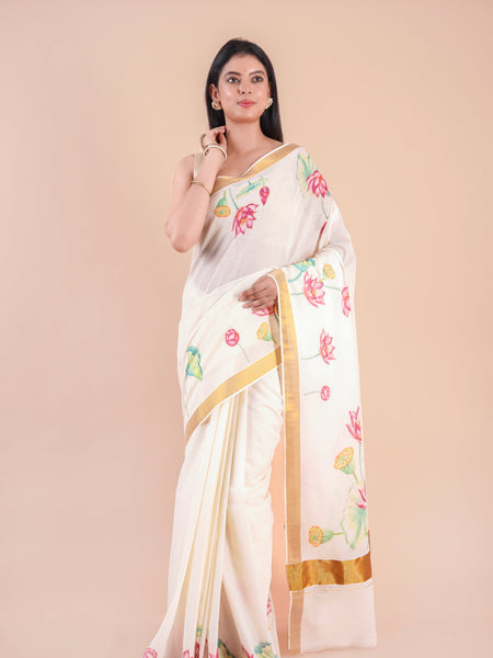 Onika | Traditional Kasavu Saree in Kerala Cotton with Floral Design & Gold Border