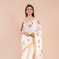 Onika | Traditional Kasavu Saree in Kerala Cotton with Floral Design & Gold Border