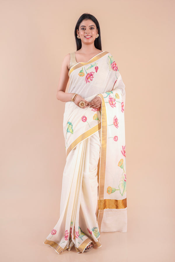 Onika | Traditional Kasavu Saree in Kerala Cotton with Floral Design & Gold Border