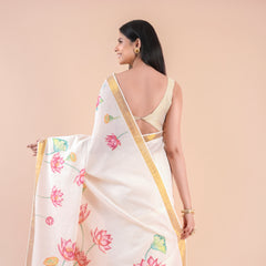 Onika | Traditional Kasavu Saree in Kerala Cotton with Floral Design & Gold Border