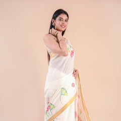Onika | Traditional Kasavu Saree in Kerala Cotton with Floral Design & Gold Border