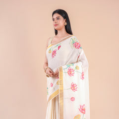 Onika | Traditional Kasavu Saree in Kerala Cotton with Floral Design & Gold Border