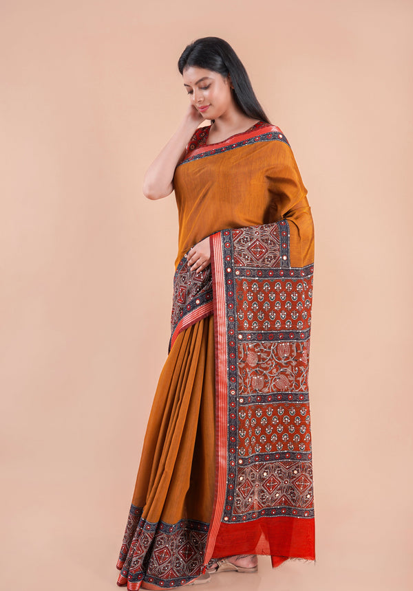 Kora | Chanderi saree katha with mirror work