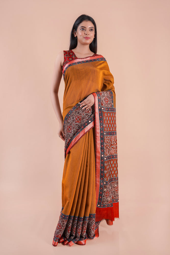 Kora | Chanderi saree katha with mirror work