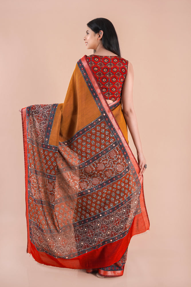 Kora | Chanderi saree katha with mirror work