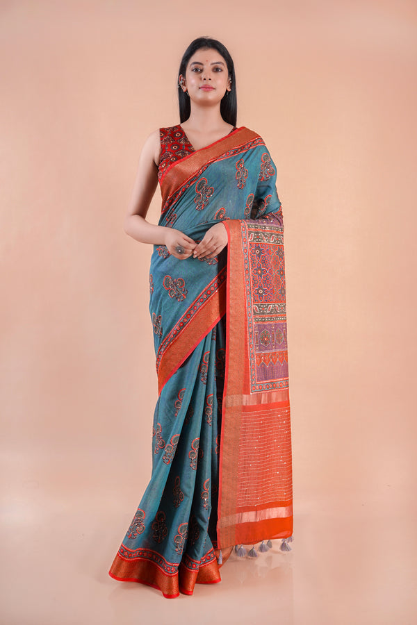 Leher | Chanderi saree katha with mirror work