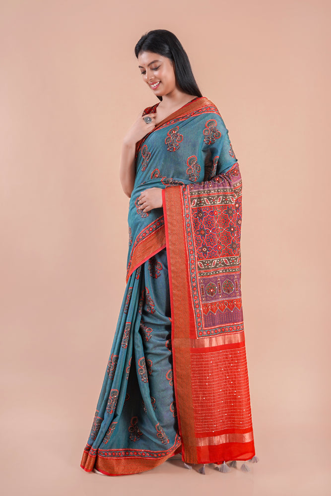 Leher | Chanderi saree katha with mirror work