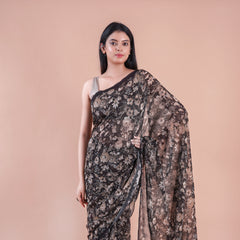 Black bloom | Black floral printed Georgette saree