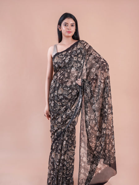 Black bloom | Black floral printed Georgette saree
