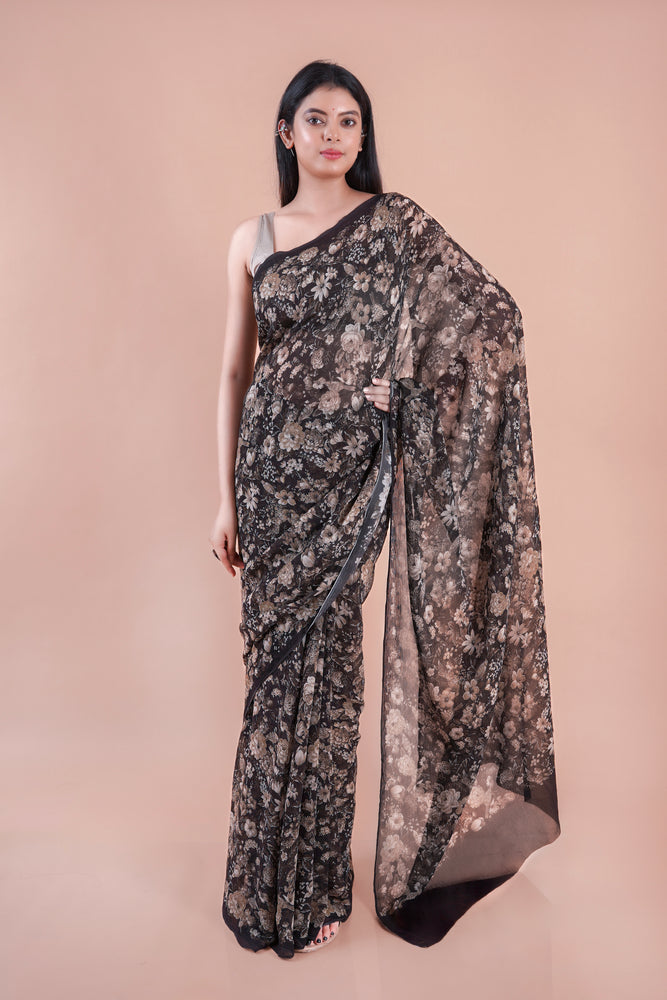 Black bloom | Black floral printed Georgette saree