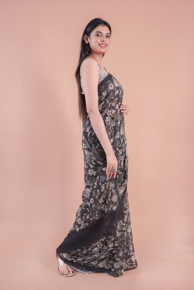 Black bloom | Black floral printed Georgette saree