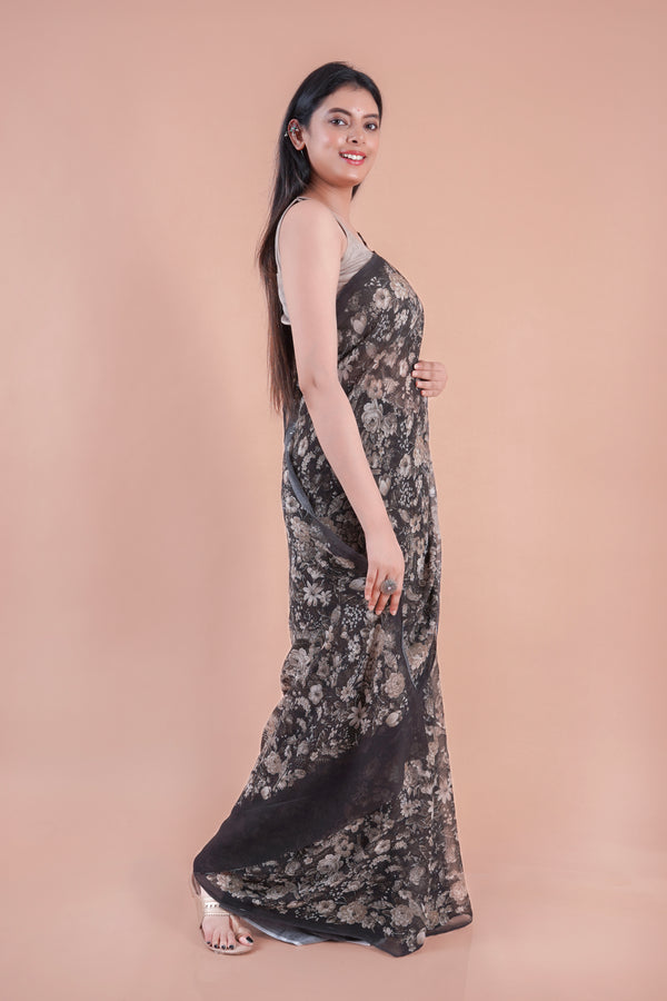 Black bloom | Black floral printed Georgette saree