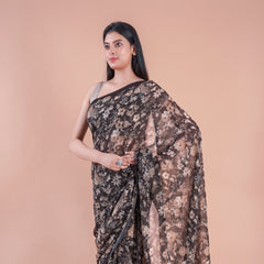 Black bloom | Black floral printed Georgette saree