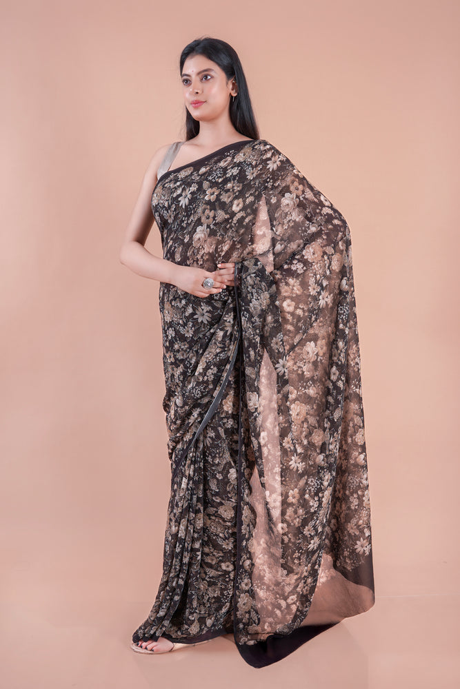 Black bloom | Black floral printed Georgette saree