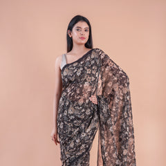 Black bloom | Black floral printed Georgette saree
