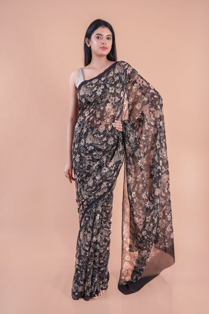 Black bloom | Black floral printed Georgette saree