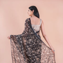 Black bloom | Black floral printed Georgette saree