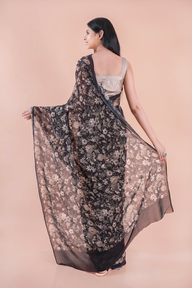 Black bloom | Black floral printed Georgette saree