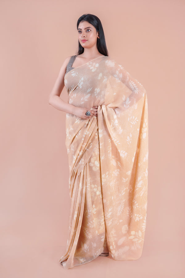 Camellia | Peach floral printed Georgette saree