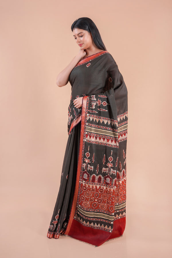 Taralika | BLACK PICHWAI CHANDERI SAREE  WITH EMBROIDERY KANTHA MIRROR