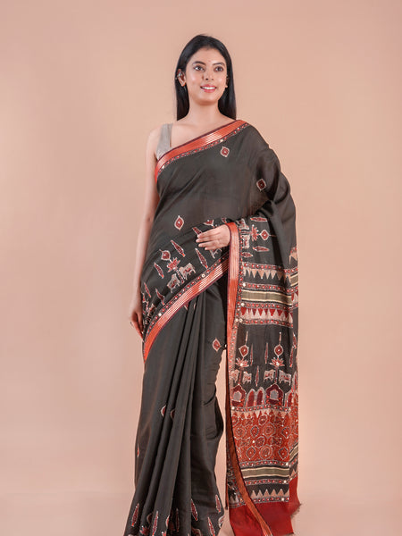 Taralika | BLACK PICHWAI CHANDERI SAREE  WITH EMBROIDERY KANTHA MIRROR