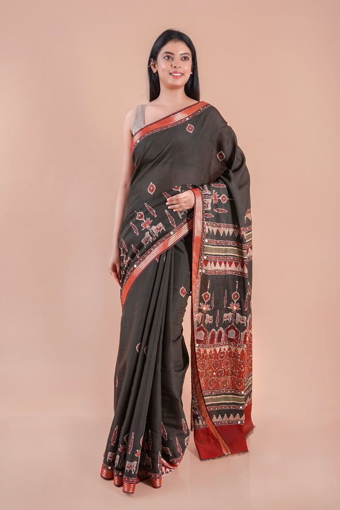 Taralika | BLACK PICHWAI CHANDERI SAREE  WITH EMBROIDERY KANTHA MIRROR