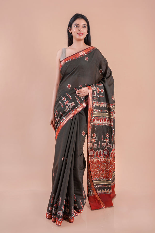 Taralika | BLACK PICHWAI CHANDERI SAREE  WITH EMBROIDERY KANTHA MIRROR