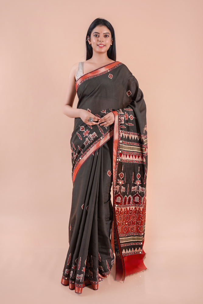 Taralika | BLACK PICHWAI CHANDERI SAREE  WITH EMBROIDERY KANTHA MIRROR
