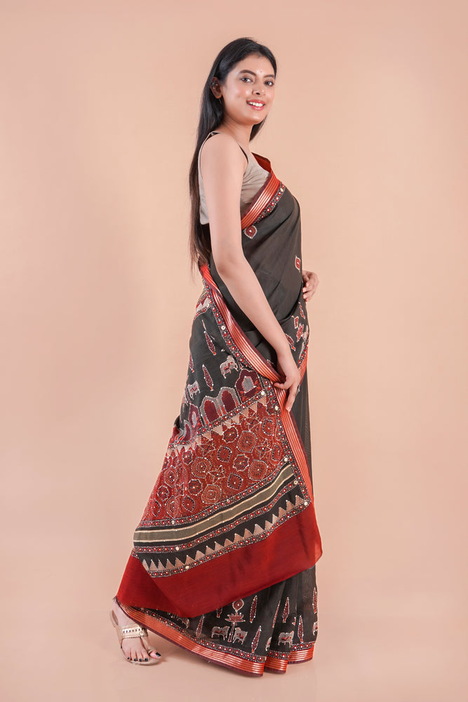 Taralika | BLACK PICHWAI CHANDERI SAREE  WITH EMBROIDERY KANTHA MIRROR