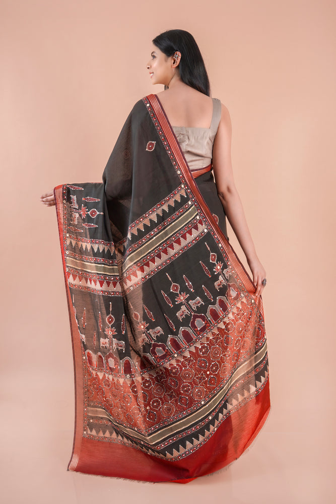 Taralika | BLACK PICHWAI CHANDERI SAREE  WITH EMBROIDERY KANTHA MIRROR
