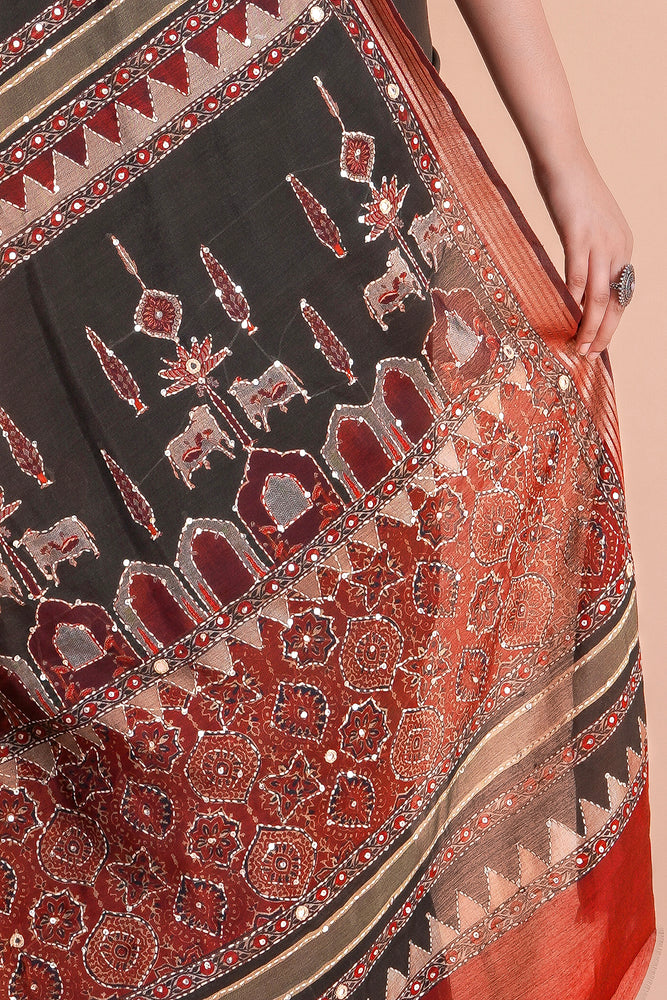 Taralika | BLACK PICHWAI CHANDERI SAREE  WITH EMBROIDERY KANTHA MIRROR